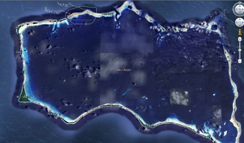 A satellite view of Mili Atoll from space, with Barre Island to the north, where Amelia Earhart landed on July 2, 1937.