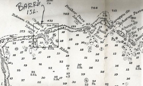 This section of the "Sketch Survey" of Mili Atoll taken from U.S. and Japanese charts focuses on the northwest quadrant of Mili Atoll, where Barre Island is clearly noted. Witnesses saw the Electra come down off Barre, and Amelia Earhart and Fred Noonan were seen embarking the Electra and seeking shelter in the tiny Endriken Islands just off Barre, where the current search in ongoing.