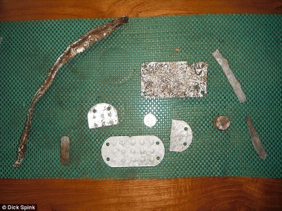 These artifacts were found on the Endriken Islands at Mili Atoll by Dick Spink and his search groups in recent years. Spink says the long piece of metal on the left side is the most likely to have come from an Electra 10E. Asked where these pieces could have come from if not the Earhart Electra, Spink said, “The only other explanation could be that they were pieces of aluminum that could have been possibly torn off of something like fishing gear or something else that floated up on the island. I guess I really don’t know where the pieces came from if they weren’t from her [Earhart’s] aircraft.” Testing of the artifacts is ongoing. (Courtesy Dick Spink.) 