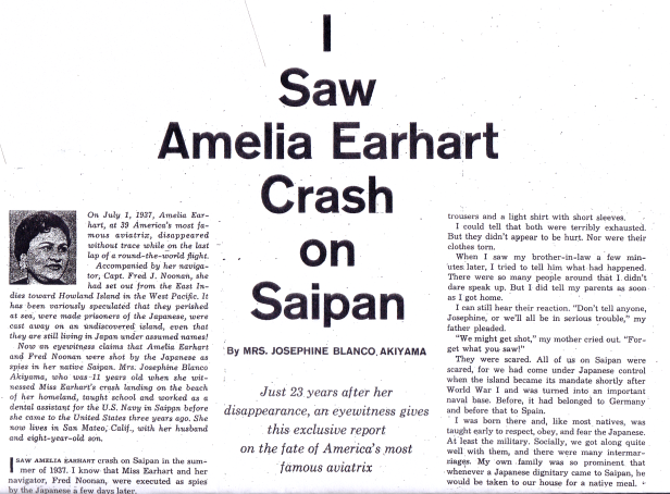 This story appeared in the San Mateo Times "Family Weekly" news magazine on July 3, 1960. The sensational account revealed details of her life as an 11-year-old on 1937 Saipan, but the true picture of what she actually saw that day remains in question. Was it a seaplane or a landplane in trouble that landed at Tanapag Harbor?