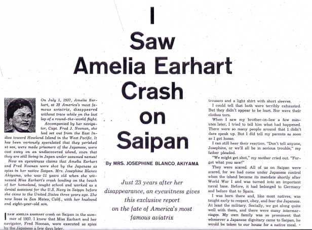 This story appeared in the San Mateo Times "Family Weekly" news magazine on July 3, 1960. The sensational account revealed details of her life as an 11-year-old on 1937 Saipan, but the true picture of what she actually saw that day remains in question. Was it a seaplane or a landplane in trouble that landed at Tanapag Harbor?
