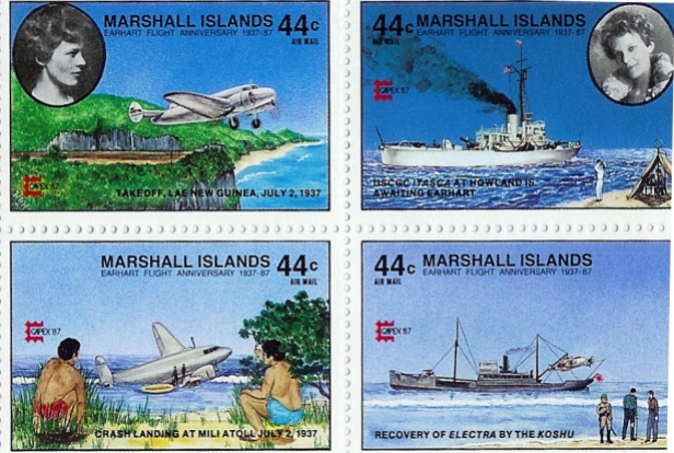 The independent Republic of the Marshalls Islands issued these four postage stamps to commemorate the 50th anniversary of Amelia Earhart’s landing at Mili Atoll and pickup by the Japanese survey ship Koshu in July 1937. To the Marshallese people, the Earhart disappearance is not a mystery, but an accepted fact.