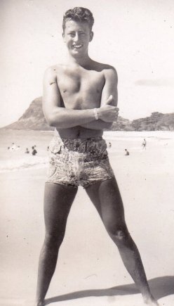 A rare photo of a very young Fred Goerner, circa mid-1940s, at an unidentified California beach. Photo courtesy of Lance Goerner.