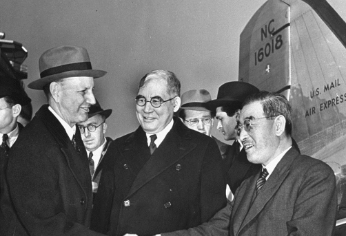 Joseph L. Ballantine, assistant chief of the Eastern Division, left, greets Japanese diplomat Saburo Kurusu (right) and Japanese Ambassador Kichisaburo Norma (center), upon their arrival in Washington just days before the attack on Pearl Harbor.